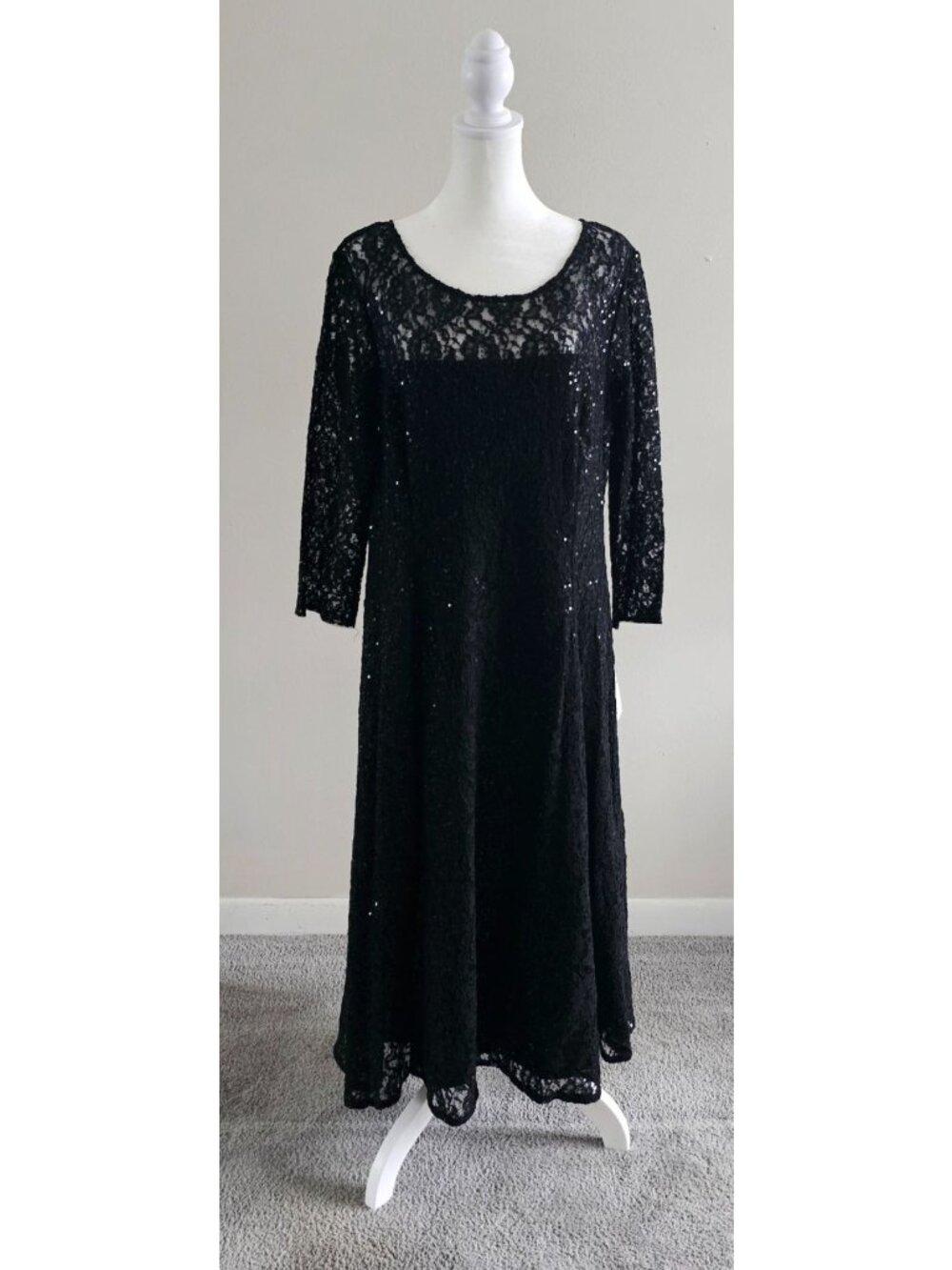 NWT SLNY Womens Black Sequin Lace Midi Gown/Dress 14 Evening Wedding Witchy Goth